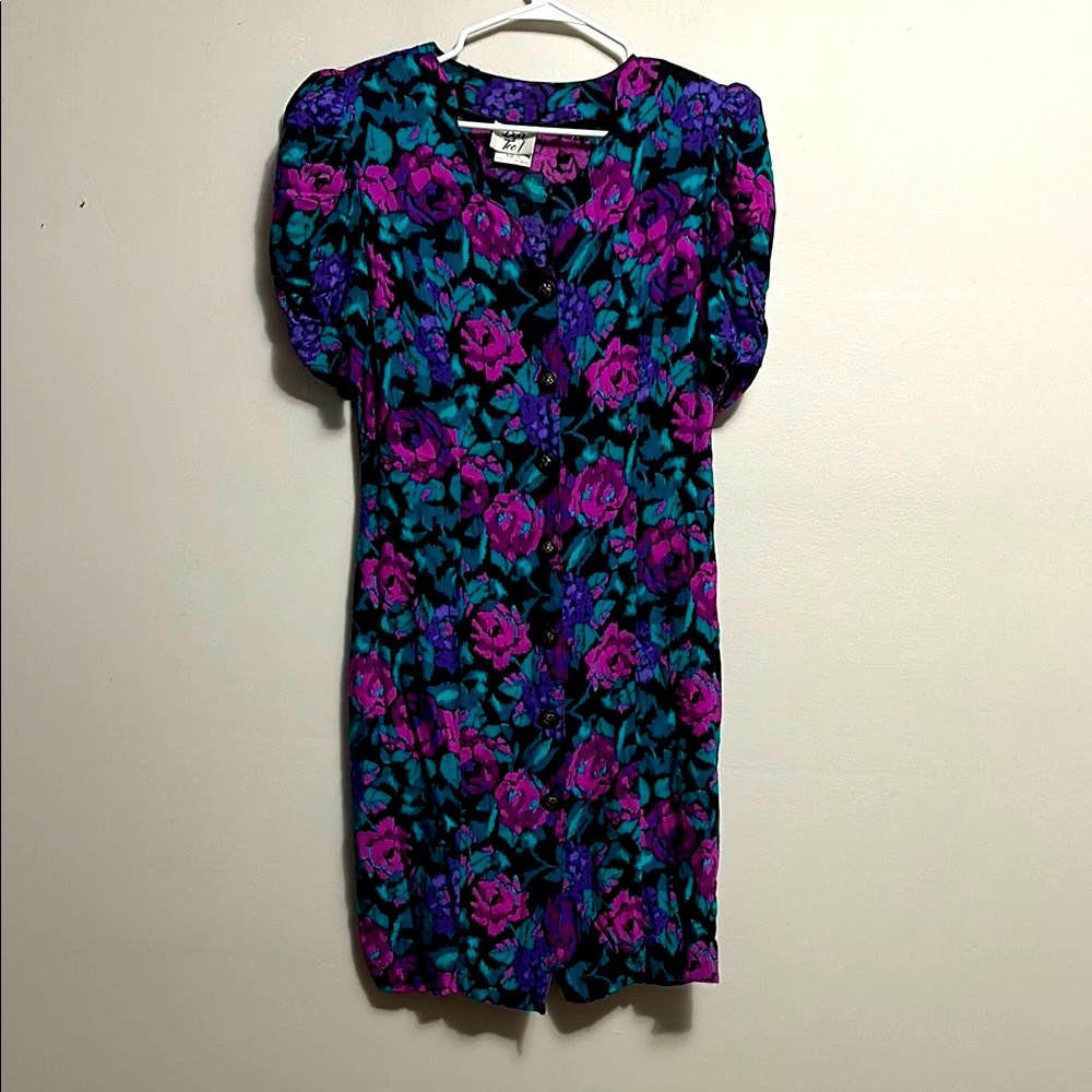 Vintage Byer Too! 80s Floral Puff Sleeve Button Down Dress shoulder pads 11